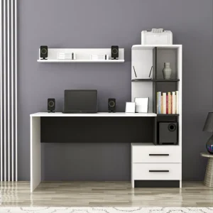 Puijas Skrivbord 120 cm med Förvaring Låda + Hyllor + Vägghy Vit/Svart - Möbler Nedsatt pris