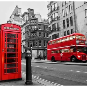 Utförsäljning Fototapet Röd Buss Och Telefonkiosk London 200x154 - Inredning & dekor