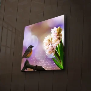 Canvastavla med LED-belysning 28x28 cm - Fågel på en gren med blommor i fokus Rosa / Grön / Lila - Inredning Erbjudandepris
