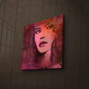 Canvastavla med LED-belysning 28x28 cm - Porträtt av en kvinna med starka uttryck och färgstarka detaljer Rosa / Lila / Svart - Inredning Utförsäljning