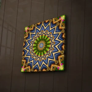 Canvastavla med LED-belysning 40x40 cm - Färgglad mandala med geometriska mönster Grön / Blå / Guld - Inredning Billigare
