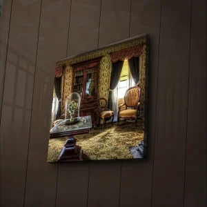 Outlet Canvastavla med LED-belysning 40x40 cm - Välkomnande inredning med antika möbler och blommor under glasmonter Guld / Brun / Grön - Inredning