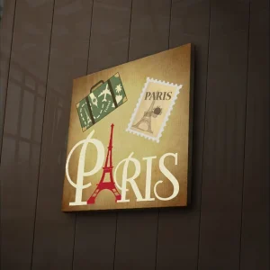 Populär Canvastavla med LED-belysning 40x40 cm - Paris-inspirerat konstverk med Eiffeltornet och resesymboler Röd / Grön / Beige - Inredning