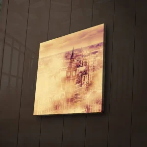 Canvastavla med LED-belysning 40x40 cm - Historisk stadsbild med klocktorn och byggnader Guld / Beige / Brunt - Inredning Rabatt