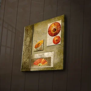 Billigare Canvastavla med LED-belysning 40x40 cm - Abstrakt komposition med fläktmotiv i varma färger Orange / Guld / Beige - Inredning