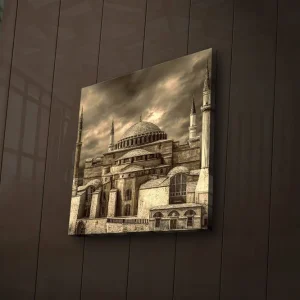 Beställ idag Canvastavla med LED-belysning 40x40 cm - Hagia Sofia i Istanbul med dramatisk molnhimmel i stämningsfull sepia Beige / Mörkgrå / Brun - Inredning