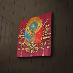 Fynd Canvastavla med LED-belysning 40x40 cm - Ornamenterad sköld med symboler och vapen i en historisk stil Röd / Guld / Blå - Inredning