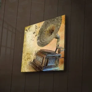 Köp nu Canvastavla med LED-belysning 40x40 cm - Retro grammofon med musiknoter i bakgrunden Guld / Brunt / Beige - Inredning