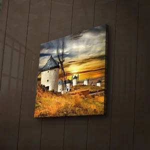 Canvastavla med LED-belysning 40x40 cm - Vindmöllor vid solnedgången över ett gyllene landskap Guld / Blå / Vit - Inredning Kundfavorit