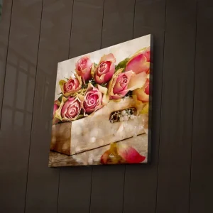 Utförsäljning Canvastavla med LED-belysning 40x40 cm - Färgrik bukett av rosor i en korg Rosa / Grön / Beige - Inredning