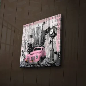 Canvastavla med LED-belysning 40x40 cm - Rosa vintagebil på en stadsgata med en gammaldags klocka Rosa / Svart / Grå - Inredning risnedsättning