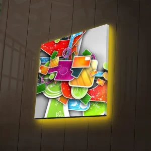 Beställ nu Canvastavla med LED-belysning 28x28 cm - Färgglad abstrakt komposition med geometriska former och mönster Grön / Röd / Orange - Inredning