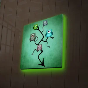 Canvastavla med LED-belysning 28x28 cm - Färgglad komposition av ugglor på en gren Grön / Blå / Brun - Inredning Rabatter
