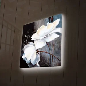 Canvastavla med LED-belysning 28x28 cm - Vita blommor med eleganta detaljer Vit / Grå / Brun - Inredning Nedsatt pris