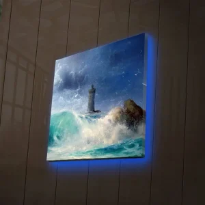 Canvastavla med LED-belysning 28x28 cm - Fyr vid stormigt hav Blå / Grön / Vit - Inredning Erbjudandepris