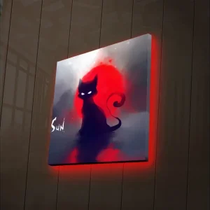 Billig Canvastavla med LED-belysning 28x28 cm - Svart katt mot en röd solnedgång Svart / Röd / Grå - Inredning