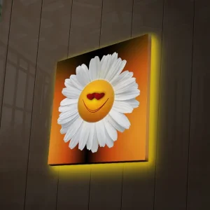 Canvastavla med LED-belysning 28x28 cm - Glad blomma med leende ansikte och hjärtformade ögon Vit / Orange / Gul - Inredning Begränsat erbjudande