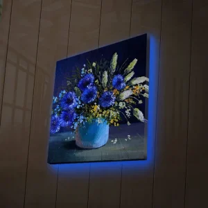 Begränsat erbjudande Canvastavla med LED-belysning 28x28 cm - Färgrik bukett av blommor i en vas Blå / Grön / Gul - Inredning