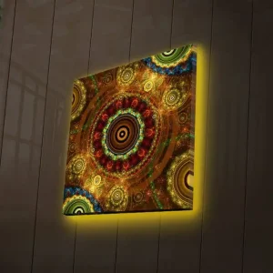 Erbjudandepris Canvastavla med LED-belysning 28x28 cm - Färgglad abstrakt komposition med cirkulära mönster Guld / Röd / Grön - Inredning