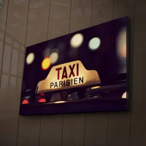 Canvastavla med LED-belysning 45x70 cm - Taxi-skylt med fransk text i stadsmiljö Gult / Svart / Rött - Inredning Fri frakt