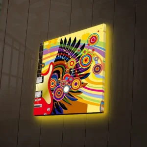 Kundfavorit Canvastavla med LED-belysning 28x28 cm - Färgglad gitarr med abstrakta mönster och cirklar Gul / Röd / Grön - Inredning
