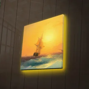 Canvastavla med LED-belysning 28x28 cm - Segelbåt på ett glittrande hav vid solnedgången Guld / Blå / Orange - Inredning Reapris