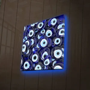 Erbjudande Canvastavla med LED-belysning 28x28 cm - Blå ögonformade amuletter i ett mönster Blå / Vit / Svart - Inredning