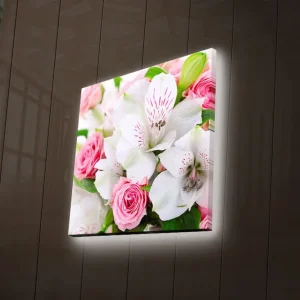 risnedsättning Canvastavla med LED-belysning 28x28 cm - Färgrik bukett av rosor och liljor Rosa / Vit / Grön - Inredning