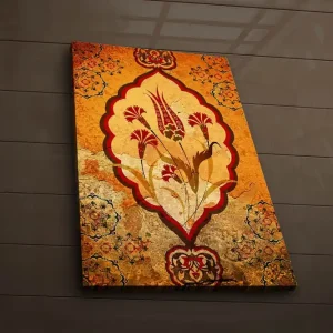 Beställ idag Canvastavla med LED-belysning 70x45 cm - Ornamental blommönster i varma toner Orange / Röd / Beige - Inredning