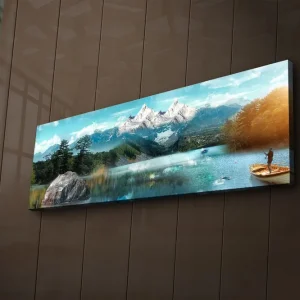 Sänkt pris Canvastavla med LED-belysning 30x90 cm - Storslagen fjällandskap med en fiskare i en båt på en spegelblanka sjö Blå / Grön / Vit - Inredning