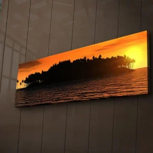 Nyhet Canvastavla med LED-belysning 30x90 cm - Solnedgång över en tropisk ö med palmer Orange / Svart / Guld - Inredning