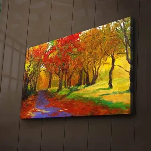 Canvastavla med LED-belysning 45x70 cm - Färgglad höstscen med träd i röd och gul nyans Röd / Gul / Grön - Inredning Begränsat antal