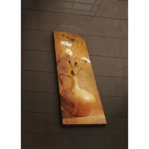 Canvastavla med LED-belysning 90x30 cm - Vacker vas med vita blommor Guld / Vit / Orange - Inredning Sista chansen