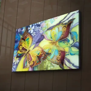 Canvastavla med LED-belysning 45x70 cm - Färgglada fjärilar i en harmonisk komposition Guld / Turkos / Lila - Inredning Extra rabatt
