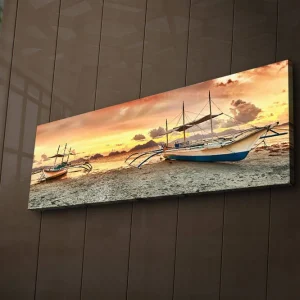 Expressleverans Canvastavla med LED-belysning 30x90 cm - Segelbåtar vid solnedgången över havet Orange / Blå / Beige - Inredning