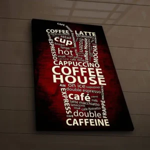 Canvastavla med LED-belysning 70x45 cm - Kaffeinspirerad typografi med ord relaterade till kaffedrycker Röd / Vit - Inredning Billigare