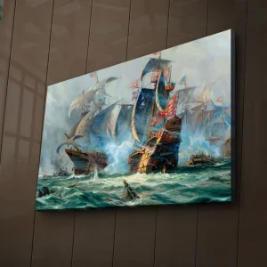 Canvastavla med LED-belysning 45x70 cm - Dramatiskt sjöslag med segelfartyg i aktion Blå / Grön / Röd - Inredning Rabatt
