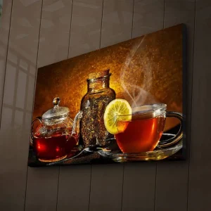 Fynd Canvastavla med LED-belysning 45x70 cm - Varm och inbjudande teuppsättning med citronskiva Röd / Brun / Gul - Inredning