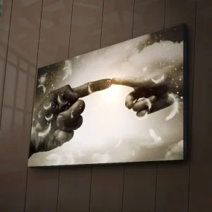 Populärt val Canvastavla med LED-belysning 45x70 cm - Fingrar som nästan möts i en himmelsk miljö Grå / Vit / Beige - Inredning