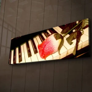 Trygg betalning Canvastavla med LED-belysning 30x90 cm - Röd ros på ett piano med svarta och vita tangenter Röd / Svart / Vit - Inredning