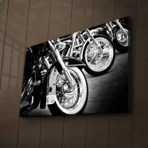 Canvastavla med LED-belysning 45x70 cm - Svartvita motorcykelhjul i rad Svart / Vitt / Silver - Inredning Extra rabatt