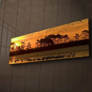 Nyhet Canvastavla med LED-belysning 30x90 cm - Solnedgång över en sjö med silhouetter av träd och fåglar i flykt Orange / Svart / Gult - Inredning