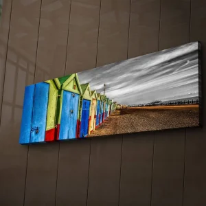 Canvastavla med LED-belysning 30x90 cm - Färgglada badhus i rad vid stranden Blå / Grön / Röd - Inredning I lager