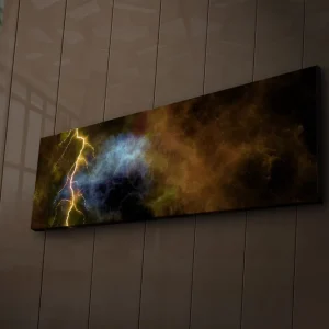 risnedsättning Canvastavla med LED-belysning 30x90 cm - Dramatiskt kosmiskt landskap med blixtar och färgexplosioner Guld / Blå / Svart - Inredning