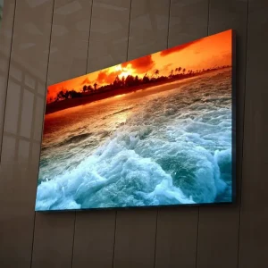 Canvastavla med LED-belysning 45x70 cm - Solnedgång över havet med vågor som skummar vid stranden Orange / Blå / Vit - Inredning Begränsat antal