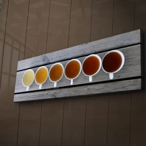 Lågt pris Canvastavla med LED-belysning 30x90 cm - Rad av kaffekoppar med olika nyanser av dryck Ljusgul / Brun / Orange - Inredning
