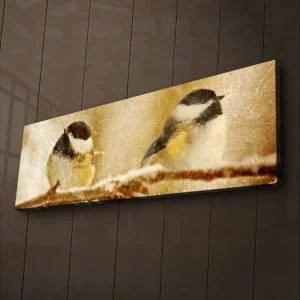 Canvastavla med LED-belysning 30x90 cm - Två fåglar på en gren i vinterlandskap Beige / Svart / Vit - Inredning Utförsäljning
