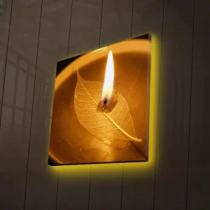 Canvastavla med LED-belysning 40x40 cm - Ljus som brinner över ett blad i en skål Guld / Brun / Beige - Inredning Lägg i varukorgen