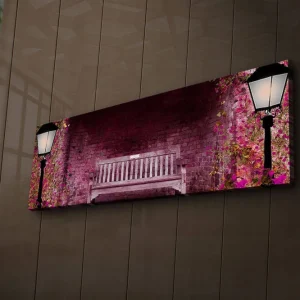 Sänkt pris Canvastavla med LED-belysning 30x90 cm - Romantisk parkbänk omgiven av blommande växter Rosa / Grön / Brun - Inredning