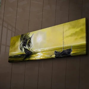 Canvastavla med LED-belysning 30x90 cm - Skepp som seglar mot en gyllene horisont Guld / Svart - Inredning Erbjudandepris